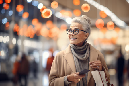 happy senior woman in eyeglasses with credit card in shopping mall, Elegant elderly woman with shopping bags in glowing shopping center, AI Generatedの素材
