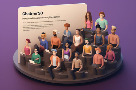 People are sitting on a podium. 3d isometric illustration, Embrace the Subscription Economy with personalized offerings, AI Generatedの素材