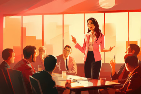 A woman confidently delivers a presentation to a diverse group of attentive individuals, A female leader leading a corporate meeting, AI Generatedの素材