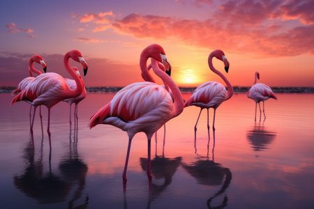 A picturesque scene of a group of flamingos standing in the water during the beautiful sunset, A flock of flamingos standing in crystal clear water during sunset, AI Generatedの素材