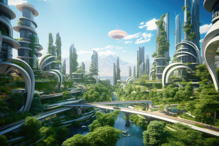 A visually stunning future city set amidst lush greenery and surrounded by shimmering waters, A futuristic cityscape with high-tech buildings amidst lush greenery, AI Generatedの素材