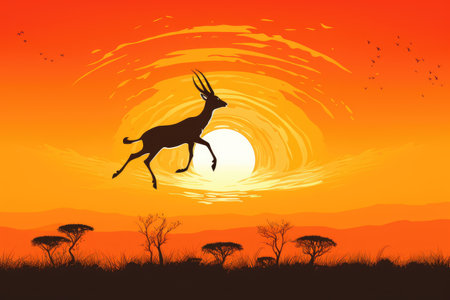 Witness the breathtaking moment as a gazelle gracefully jumps against the stunning backdrop of a vibrant sunset, A gazelle leaping across the grasslands against an orange sunset, AI Generatedの素材