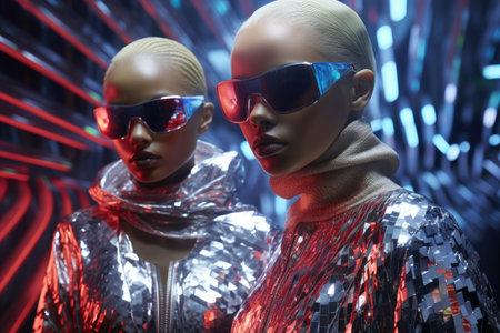 A pair of mannequins dressed in shiny outfits and sporting sunglasses, A futuristic scene with metallic and holographic clothing, AI Generatedの素材
