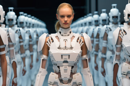 A woman stands in front of a group of robots, creating a striking visual contrast of human and machine, A futuristic runway show with robotic models, AI Generatedの素材