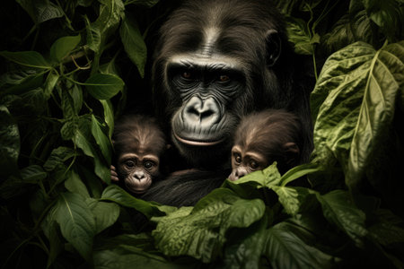 A mother gorilla and her two babies can be seen in their natural habitat, the lush jungle, A gorilla lovingly cradling its infant amidst the jungle foliage, AI Generatedの素材