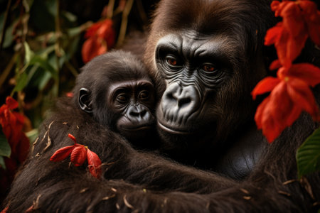 Witness the touching connection between a mother gorilla and her baby in the untamed wilderness, A gorilla lovingly cradling its infant amidst the jungle foliage, AI Generatedの素材