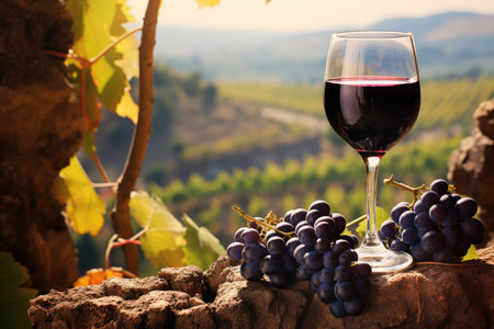 Enjoy a glass of wine with some fresh grapes as you unwind outdoors, placed on a serene rock, A glass of rich red wine with grapes in a vineyard, AI Generatedの素材