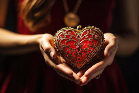 A womans hands hold a vibrant red heart, a powerful symbol of love, compassion, and emotional connection, A hand holding heart-shaped jewelry as a gift, AI Generatedの素材