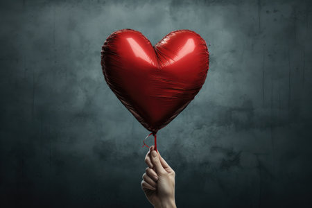 A person holds a red heart shaped balloon, symbolizing love and affection, A heart balloon held in a clenched fist, symbolising held love, AI Generatedの素材