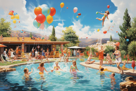 A vibrant painting of people enjoying themselves in a pool filled with colorful balloons, A lively pool party celebration on a sunny summer afternoon, AI Generatedの素材