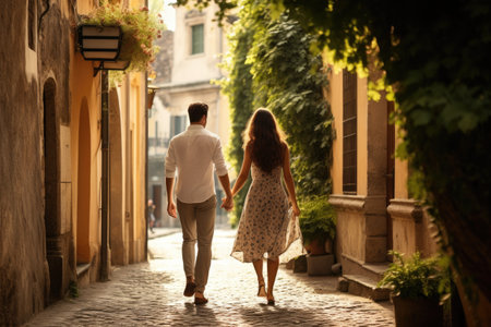 A man and a woman walking down a street together, holding hands, A long shot of a couple walking down a quaint European street hand in hand, AI Generatedの素材