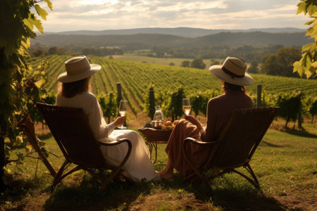 A couple is seen sitting at a table in a field, taking advantage of the beautiful surroundings and enjoying the outdoors, A luxurious Mother's Day afternoon at a vineyard, AI Generatedの素材