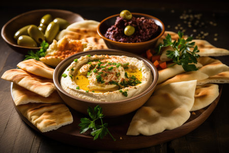 A mouthwatering platter with a generous portion of creamy hummus, tangy olives, and fluffy pita bread, A Mediterranean spread with hummus, pita, and olives, AI Generatedの素材