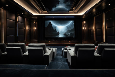 An image capturing the simplicity of an empty theater featuring two recliners and a projector screen, A luxury personal home cinema with plush seating and a big screen, AI Generatedの素材