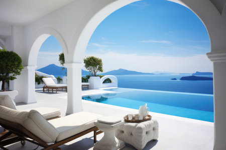 A serene outdoor patio with an unobstructed view of the ocean, providing the perfect space to unwind, A Mediterranean villa overlooking the crystal-blue ocean, AI Generatedの素材