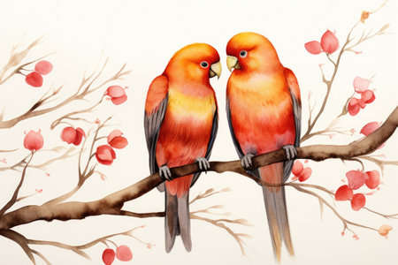 Two birds sitting on a branch of a tree in a serene and peaceful natural environment, A pair of lovebirds perched on a heart-shaped tree branch, AI Generatedの素材