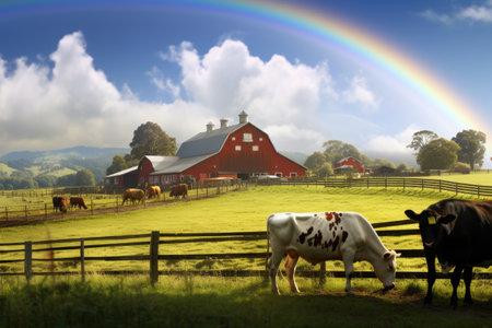 A picturesque view of two cows gracefully standing in the lush green grass, A peaceful farm scene with cows grazing under a rainbow, AI Generatedの素材