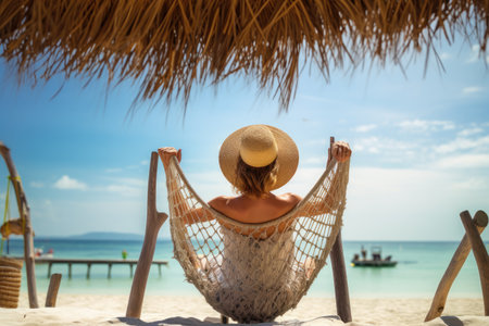 A woman peacefully enjoys a moment of relaxation as she sits in a hammock on a beautiful beach, anorama top view woman customer enjoying relaxing anti-stress spa massage, AI Generatedの素材