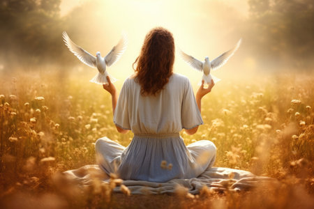 A woman peacefully sits in a field while two white doves rest on her shoulders, A woman enjoying the view at the beach or ocean, AI Generatedの素材