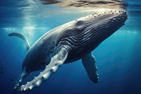Witness the incredible sight of a humpback whale gracefully swimming in the vast and deep ocean, Humpback whales communicating through intricate song patterns, AI Generatedの素材