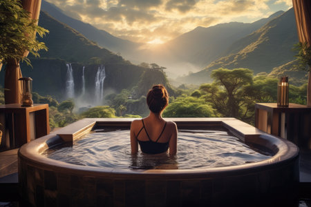 Woman Sitting in Hot Tub With Waterfall in Background, Back view of woman athlete in sportswear doing stretching and warm up for hands outdoors on ocean beach, AI Generatedの素材