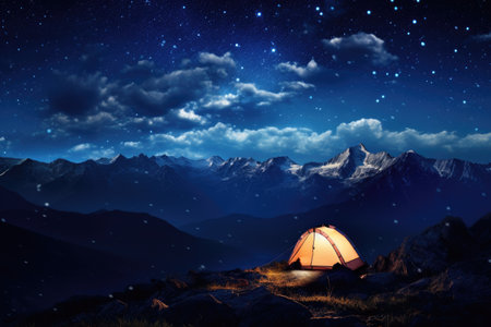 A solitary tent sits on a mountain, sheltering under the vast, star-studded night sky, Illusionary view of the internet illustrated as a boundless universe, AI Generatedの素材