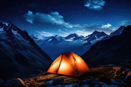 A tent stands among the majestic mountains, illuminated only by the starry night sky, Illusionary view of the internet illustrated as a boundless universe, AI Generatedの素材