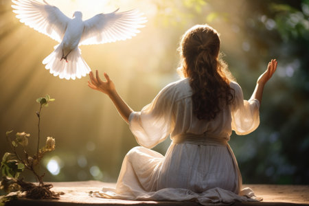 A woman wearing a white dress sits on a table holding a dove in her hand, A woman enjoying the view at the beach or ocean, AI Generatedの素材