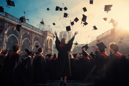A joyful group of graduates celebrate their educational milestone by tossing their caps high into the air, Group of friends gathering to celebrate a college graduation, AI Generatedの素材