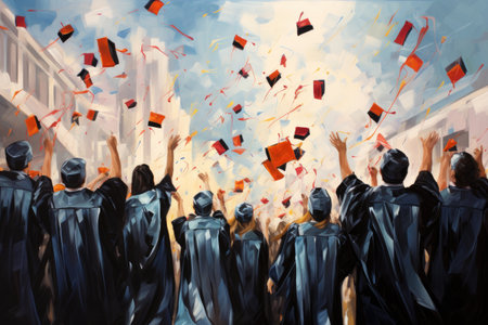 A vibrant painting capturing the joyous moment of graduates throwing their caps up in celebration, Group of friends gathering to celebrate a college graduation, AI Generatedの素材