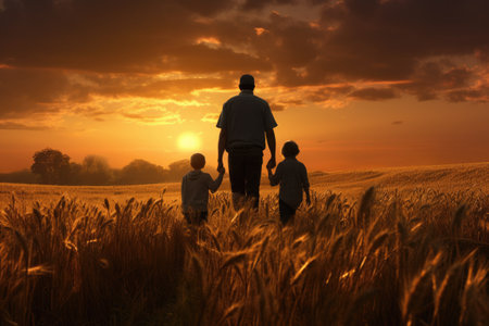 Man and Two Children Walking Through a Wheat Field, A herd of elephants walking across a dry grass field at sunset with the sun setting in the background, AI Generatedの素材