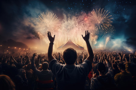 A large gathering of concert-goers passionately enjoying the music, with their hands raised high, Rear view of people in audience at the conference hall, AI Generatedの素材