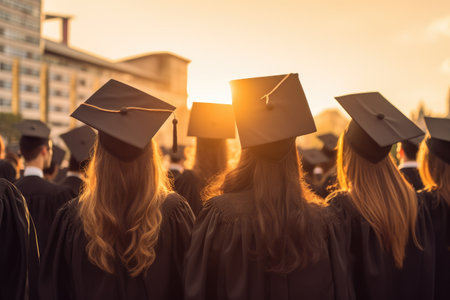 A diverse group of individuals wearing graduation gowns and caps, joyfully celebrating their academic achievements, University graduation celebration, AI Generatedの素材