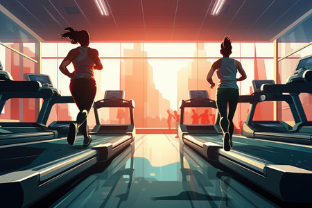 Two women engaging in cardio exercise by running on a treadmill at a fitness center, People cheering a marathon runner approaching the finish line, AI Generatedの素材