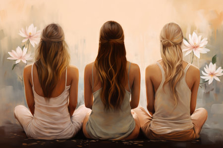 Three women with flowers in their hair are seated alongside each other on a bench, Active fit women doing exercise for stress relief and practicing Plow Pose, AI Generatedの素材