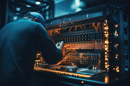 A man is seen working on a computer amidst racks of servers in a busy server room, Portrait of smiling female technician in server room, AI Generatedの素材