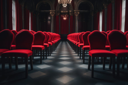 A row of red chairs is arranged neatly in a room adorned with an elegant chandelier, Caucasian red-haired woman sits on the front row in a cinema in an empty hall, AI Generatedの素材