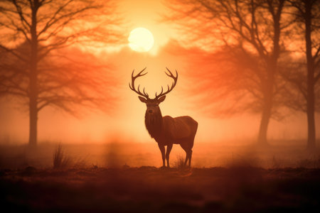 A mesmerizing sight of a deer gracefully standing amidst the serene forest as the sun sets in the horizon, A silhouette of a stag during the golden-hour sunrise, AI Generatedの素材