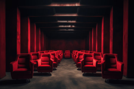 A neat arrangement of red chairs forming a straight line, placed side by side, Caucasian red-haired woman sits on the front row in a cinema in an empty hall, AI Generatedの素材