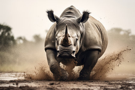 A rhino runs through a muddy field with trees in the background., Rhino, Wildlife Photography, AI Generated, AI Generatedの素材