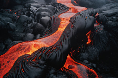 A breathtaking image capturing the natural phenomena of molten lava gracefully cascading down a volcanic mountain., River of pahoehoe lava descending down a cliff, AI Generated, AI Generatedの素材