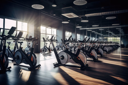 Row of Exercise Bikes in Gym, Fitness Equipment for Indoor, Rows of stationary bikes and health exercise equipment for bodybuilding in the gym's modern fitness center room, AI Generated, AI Generatedの素材