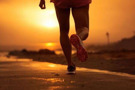 Woman Running on Beach at Sunset, Running at the beach, a close-up of a leg with a dreamy sunset effect, AI Generated, AI Generatedの素材