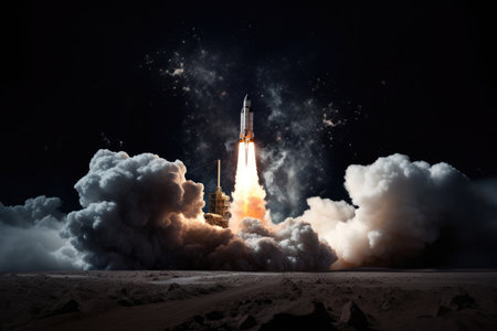 A rocket takes off into the sky at night, leaving a fiery trail behind., Rocket taking off to the moon on a black background, AI Generated, AI Generatedの素材