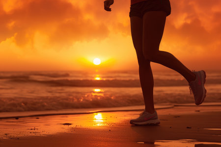 A woman running gracefully on a sandy beach as the sun sets on the horizon., Running at the beach, a close-up of a leg with a dreamy sunset effect, AI Generated, AI Generatedの素材