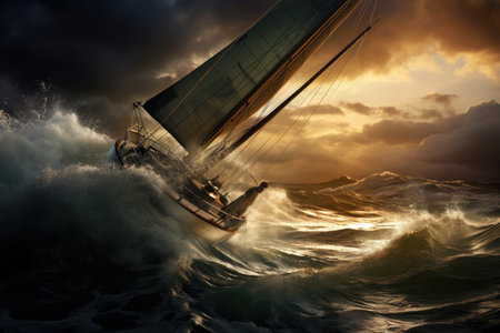 A sailboat gracefully navigates across a serene and immense body of water., Sailboat on rough water, AI Generated, AI Generatedの素材