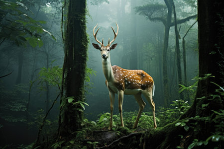 A lone deer stands in the midst of a dense forest, surrounded by towering trees., Scapegoat of rainforest development, endangered species that lost their home, AI Generated, AI Generatedの素材