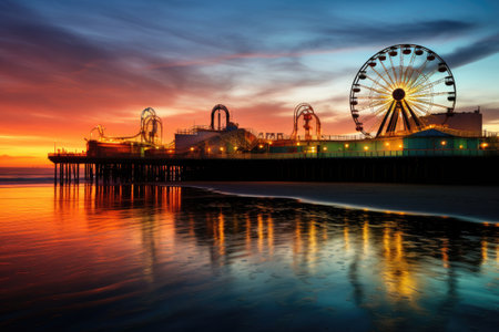 An image of a ferris wheel placed on top of a sandy beach next to the vast expanse of the ocean., Santa Monica Pier at sunset, AI Generated, AI Generatedの素材