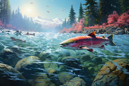 mesmerizing image of a salmon leaping out of the water, capturing the raw energy and beauty of the natural world., Salmon spawning in a beautiful river, AI Generated, AI Generatedの素材