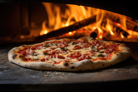A delicious pizza sits atop a pizza pan, placed in front of a warm, crackling fire, A piping hot pizza fresh out of the brick oven, AI Generatedの素材